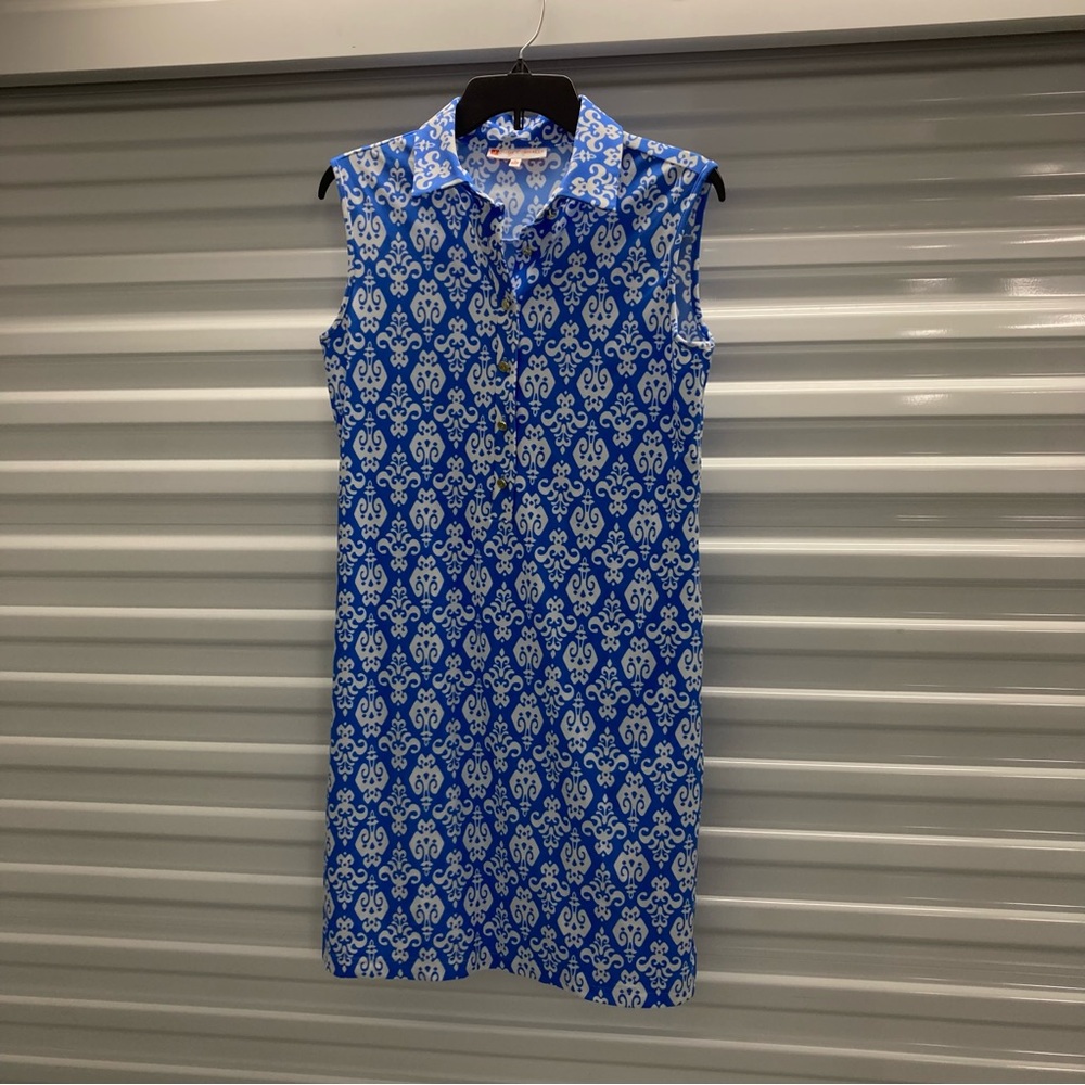 Jude Connally Blue and White Sleeveless Mini Dress